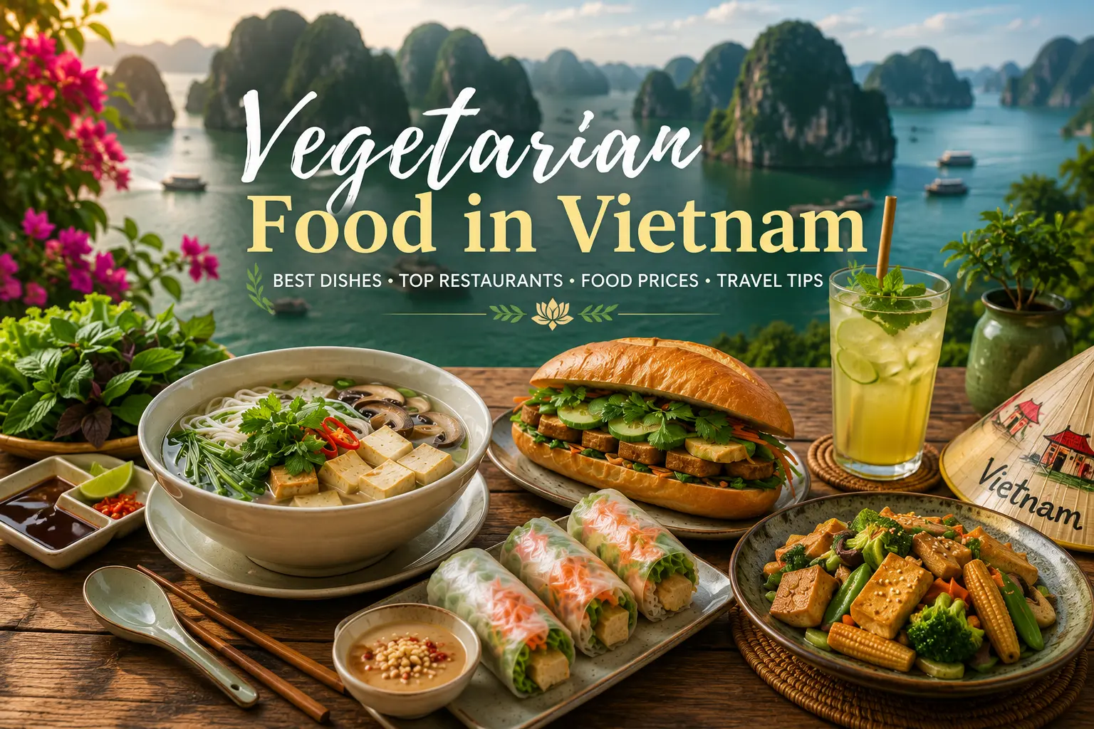 Vegetarian Food in Vietnam featuring traditional Vietnamese vegetarian dishes including Pho Chay, spring rolls, tofu and fresh herbs.