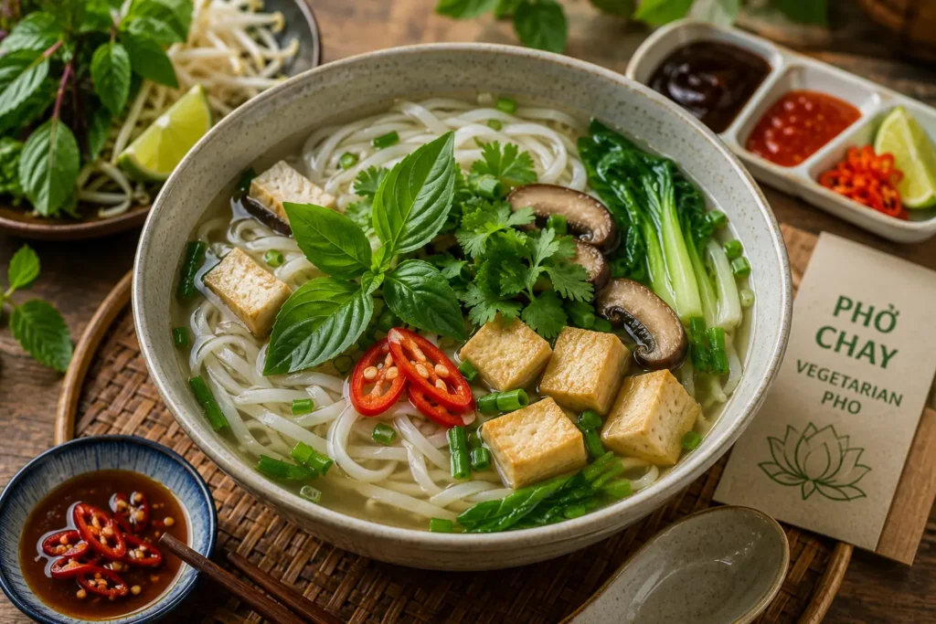 Best vegetarian food in Vietnam featuring traditional Pho Chay with tofu, mushrooms, herbs and rice noodles.