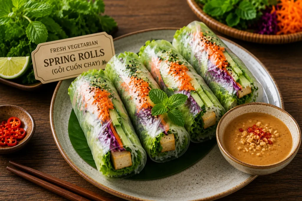 Famous veg food in Vietnam including fresh vegetarian spring rolls with tofu, vegetables, vermicelli noodles and peanut dipping sauce.