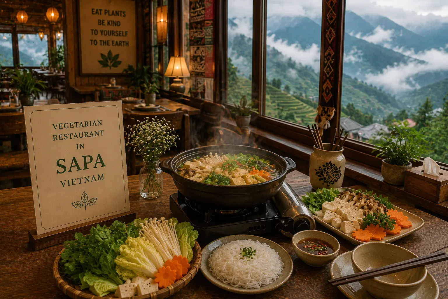 Vegetarian restaurant in Sapa Vietnam serving healthy vegetarian hot pot with fresh vegetables and tofu.